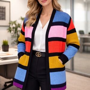 Woven Heart Colorblock Striped Duster Cardigan Long Knit Cotton Pink BlueLayer L